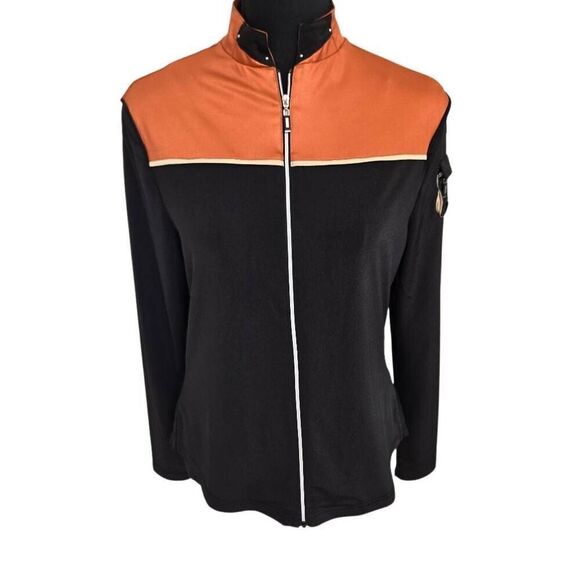 DKNY Golf Womens Long Sleeve Colorblock Zip Sport Jacket Top Black Rust Small - Picture 1 of 11